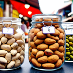 A colorful mix of various nuts (almonds, cashews, walnuts, macadamias, pistachios) displayed in a clear glass jar, with a measuring spoon scooping some out. In the background, a blurred image of a busy Thai street market scene, subtly hinting at the "on-the-go" lifestyle. The overall tone is bright and inviting.
