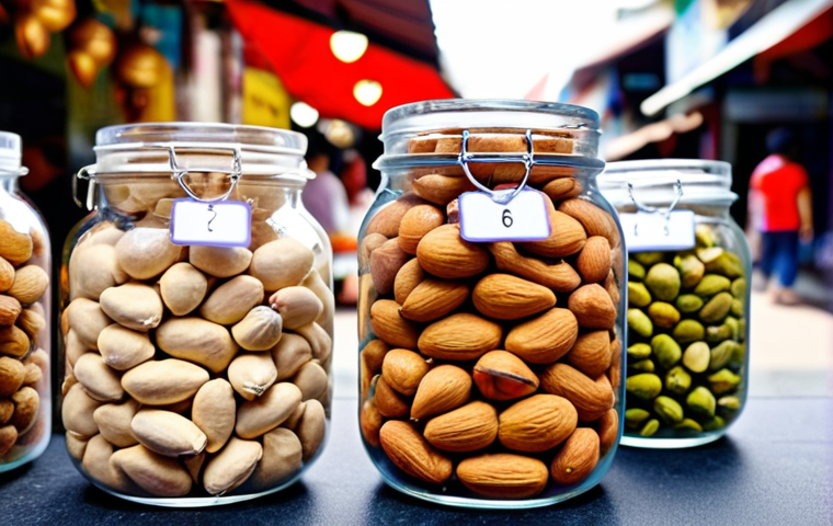 A colorful mix of various nuts (almonds, cashews, walnuts, macadamias, pistachios) displayed in a clear glass jar, with a measuring spoon scooping some out. In the background, a blurred image of a busy Thai street market scene, subtly hinting at the "on-the-go" lifestyle. The overall tone is bright and inviting.