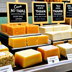 A vibrant display of diverse vegan cheeses in a modern Thai grocery setting. Showcase creamy coconut-based blocks, rich cashew-based wheels, shredded plant-based mozzarella, and smooth vegan cream cheese. Highlight varied textures and melt capabilities. Emphasize the growing variety in Thailand's vegan market. High quality, realistic, appealing.