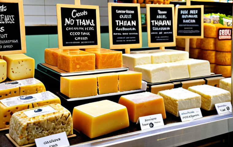 A vibrant display of diverse vegan cheeses in a modern Thai grocery setting. Showcase creamy coconut-based blocks, rich cashew-based wheels, shredded plant-based mozzarella, and smooth vegan cream cheese. Highlight varied textures and melt capabilities. Emphasize the growing variety in Thailand's vegan market. High quality, realistic, appealing.