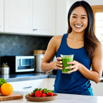 A healthy, fit adult woman of Thai descent, fully clothed in modest athletic wear, gently smiling as she prepares a vibrant plant-based protein smoothie. She is in a bright, modern kitchen with fresh fruits, leafy greens, and a container of plant-based protein powder visible on a clean countertop. The scene is captured with professional studio photography, featuring soft natural lighting, sharp focus, and high detail. The image should convey a sense of wellness and modern healthy living. perfect anatomy, correct proportions, natural pose, well-formed hands, proper finger count, natural body proportions, safe for work, appropriate content, fully clothed, modest, family-friendly.