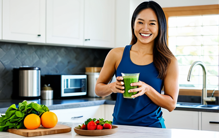A healthy, fit adult woman of Thai descent, fully clothed in modest athletic wear, gently smiling as she prepares a vibrant plant-based protein smoothie. She is in a bright, modern kitchen with fresh fruits, leafy greens, and a container of plant-based protein powder visible on a clean countertop. The scene is captured with professional studio photography, featuring soft natural lighting, sharp focus, and high detail. The image should convey a sense of wellness and modern healthy living. perfect anatomy, correct proportions, natural pose, well-formed hands, proper finger count, natural body proportions, safe for work, appropriate content, fully clothed, modest, family-friendly.