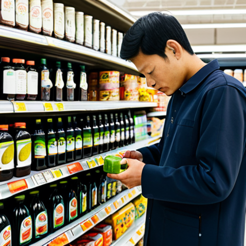 A focused, professional-looking individual, fully clothed in appropriate, modest attire, is carefully examining various brands of low-sodium soy sauce bottles on a brightly lit supermarket shelf. Their well-formed hands hold a bottle, with their gaze fixed on the nutrition label, emphasizing the act of informed choice. The pose is natural and calm. The background features a clean, well-stocked grocery store aisle with other healthy food items visible. Professional photography, high quality, perfect anatomy, correct proportions, natural body proportions, proper finger count, safe for work, appropriate content, fully clothed, professional, modest clothing, family-friendly.