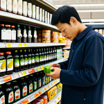 A focused, professional-looking individual, fully clothed in appropriate, modest attire, is carefully examining various brands of low-sodium soy sauce bottles on a brightly lit supermarket shelf. Their well-formed hands hold a bottle, with their gaze fixed on the nutrition label, emphasizing the act of informed choice. The pose is natural and calm. The background features a clean, well-stocked grocery store aisle with other healthy food items visible. Professional photography, high quality, perfect anatomy, correct proportions, natural body proportions, proper finger count, safe for work, appropriate content, fully clothed, professional, modest clothing, family-friendly.