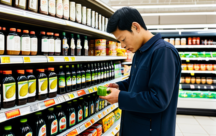 A focused, professional-looking individual, fully clothed in appropriate, modest attire, is carefully examining various brands of low-sodium soy sauce bottles on a brightly lit supermarket shelf. Their well-formed hands hold a bottle, with their gaze fixed on the nutrition label, emphasizing the act of informed choice. The pose is natural and calm. The background features a clean, well-stocked grocery store aisle with other healthy food items visible. Professional photography, high quality, perfect anatomy, correct proportions, natural body proportions, proper finger count, safe for work, appropriate content, fully clothed, professional, modest clothing, family-friendly.