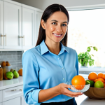 A radiant, healthy woman in her early 30s, wearing a modest, light blue collared shirt and tailored trousers, fully clothed, appropriate attire. She stands in a sunlit, modern kitchen, gently holding a freshly cut orange slice. On the sleek white countertop, a clear glass bowl is filled with an appealing mix of whole oranges and limes, some with water droplets, reflecting natural light. The atmosphere is clean and vibrant, emphasizing health and well-being. Professional photography, high quality, sharp focus, perfect anatomy, correct proportions, natural pose, well-formed hands, proper finger count, natural body proportions, safe for work, appropriate content, family-friendly.