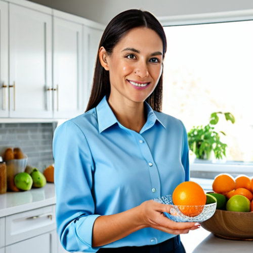 Home 25 A radiant, healthy woman in her early 30s, wearing a modest, light blue collared shirt and tailored trousers, fully clothed, appropriate attire. She stands in a sunlit, modern kitchen, gently holding a freshly cut orange slice. On the sleek white countertop, a clear glass bowl is filled with an appealing mix of whole oranges and limes, some with water droplets, reflecting natural light. The atmosphere is clean and vibrant, emphasizing health and well-being. Professional photography, high quality, sharp focus, perfect anatomy, correct proportions, natural pose, well-formed hands, proper finger count, natural body proportions, safe for work, appropriate content, family-friendly.