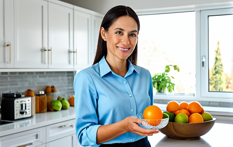 A radiant, healthy woman in her early 30s, wearing a modest, light blue collared shirt and tailored trousers, fully clothed, appropriate attire. She stands in a sunlit, modern kitchen, gently holding a freshly cut orange slice. On the sleek white countertop, a clear glass bowl is filled with an appealing mix of whole oranges and limes, some with water droplets, reflecting natural light. The atmosphere is clean and vibrant, emphasizing health and well-being. Professional photography, high quality, sharp focus, perfect anatomy, correct proportions, natural pose, well-formed hands, proper finger count, natural body proportions, safe for work, appropriate content, family-friendly.