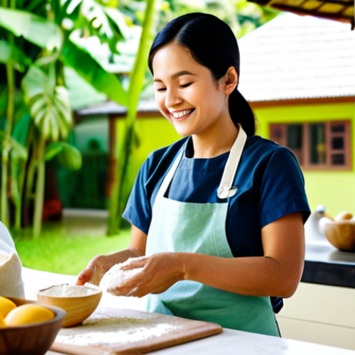 Home 23 Organic Flour Baking Scene**
A bright, airy kitchen in Thailand. A friendly Thai baker (woman) is smiling as she kneads dough made with organic flour. Ingredients are laid out: organic wheat flour in a natural-looking bag, fresh eggs, local Thai fruits (mango, banana). Background: blurred view of a lush green garden. Emphasize natural light and a sense of wholesome goodness. Safe for work, appropriate content, fully clothed, modest clothing, professional. Perfect anatomy, correct proportions, natural pose, well-formed hands, proper finger count, natural body proportions.
**
