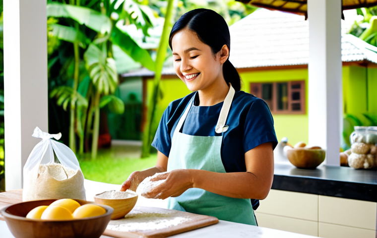 Organic Flour Baking Scene**

A bright, airy kitchen in Thailand. A friendly Thai baker (woman) is smiling as she kneads dough made with organic flour. Ingredients are laid out: organic wheat flour in a natural-looking bag, fresh eggs, local Thai fruits (mango, banana). Background: blurred view of a lush green garden. Emphasize natural light and a sense of wholesome goodness. Safe for work, appropriate content, fully clothed, modest clothing, professional. Perfect anatomy, correct proportions, natural pose, well-formed hands, proper finger count, natural body proportions.

**