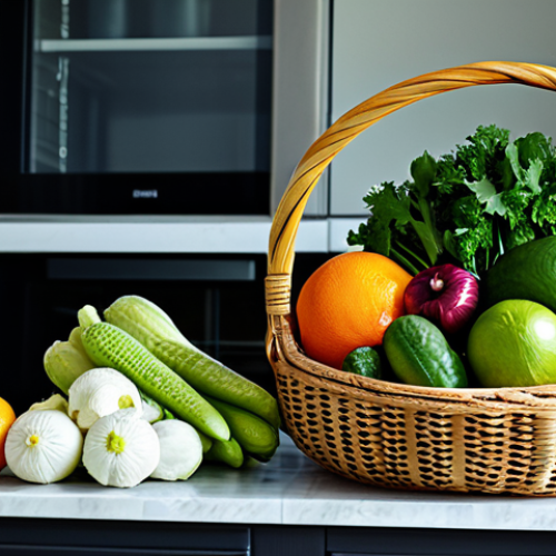 Home 22 **
"A vibrant photo showcasing a variety of fresh, fully clothed, organic Thai vegetables and fruits arranged in a beautiful woven basket. Background is a bright, modern Thai kitchen with traditional elements. The scene is safe for work, appropriate content, and family-friendly, highlighting the freshness and quality of the produce. Perfect anatomy of the produce, correct proportions, professional food photography, high quality, modest presentation."
**