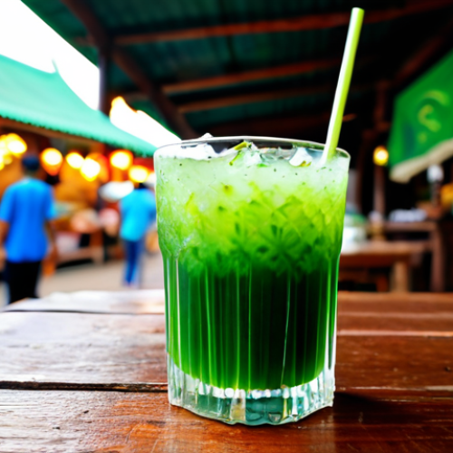 Home 9 Refreshing Thai Herbal Drink**
A beautifully lit glass of "Nam Bai Toey" (Pandan leaf drink), garnished with a sprig of fresh pandan, sits on a rustic wooden table. In the background, a blurred scene of a vibrant Thai market with vendors selling fresh produce. The scene conveys a sense of natural goodness and refreshment. fully clothed, appropriate content, safe for work, perfect anatomy, natural proportions, professional food photography, high quality, family-friendly.
**