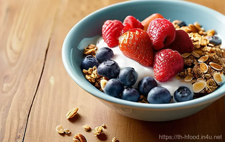 저지방 고단백 스낵 추천 - **Prompt:** A vibrant, close-up shot of a wholesome Greek yogurt breakfast bowl. The creamy white Gr...