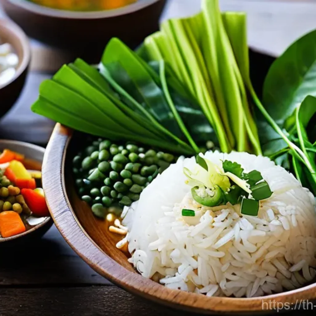 심혈관 건강을 위한 식단 팁 - **Prompt:** A visually rich and enticing close-up photograph of a traditional Thai heart-healthy mea...
