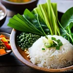 심혈관 건강을 위한 식단 팁 - **Prompt:** A visually rich and enticing close-up photograph of a traditional Thai heart-healthy mea...