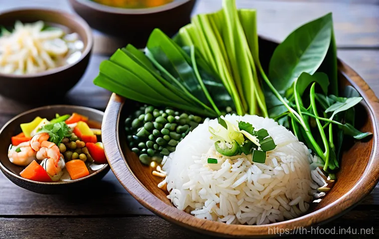 심혈관 건강을 위한 식단 팁 - **Prompt:** A visually rich and enticing close-up photograph of a traditional Thai heart-healthy mea...