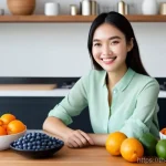 노화 방지에 좋은 식품 리스트 - **Prompt 1: Vibrant Fruit & Green Power for Youthful Skin**
    "A cheerful and healthy Thai woman i...