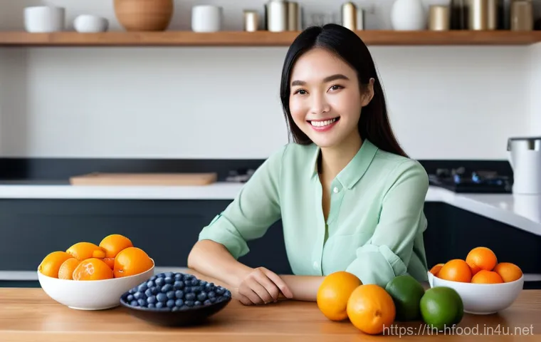노화 방지에 좋은 식품 리스트 - **Prompt 1: Vibrant Fruit & Green Power for Youthful Skin**
    "A cheerful and healthy Thai woman i...