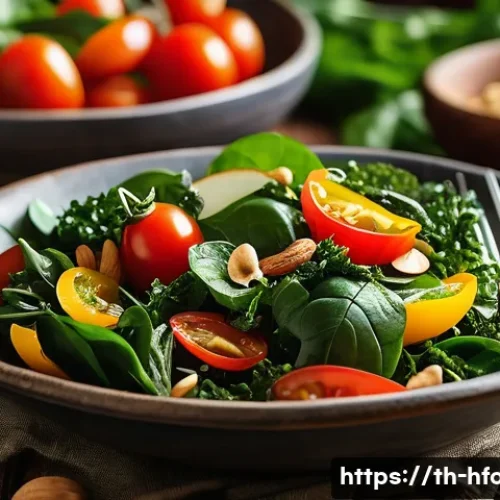 항산화 성분이 많은 슈퍼푸드 - A vibrant and fresh salad bowl featuring a variety of dark leafy greens such as spinach and kale, mi...