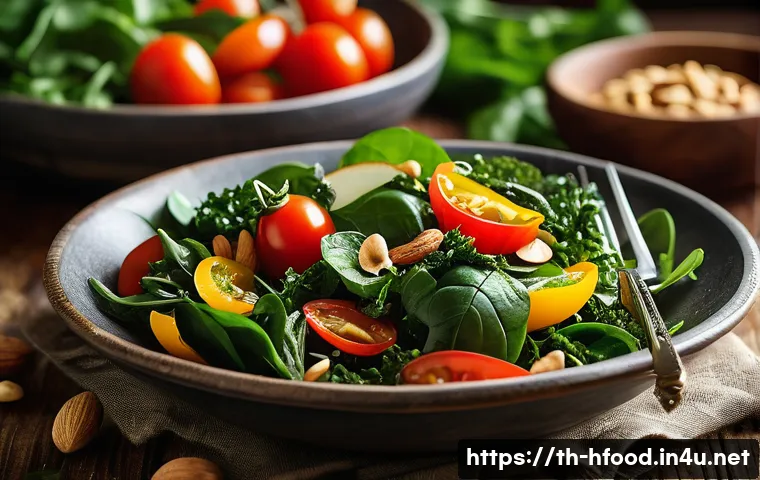 항산화 성분이 많은 슈퍼푸드 - A vibrant and fresh salad bowl featuring a variety of dark leafy greens such as spinach and kale, mi...