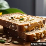 비건 버터 브랜드 비교 - A high-resolution close-up of a vegan butter spread on a slice of artisanal whole wheat bread, highl...