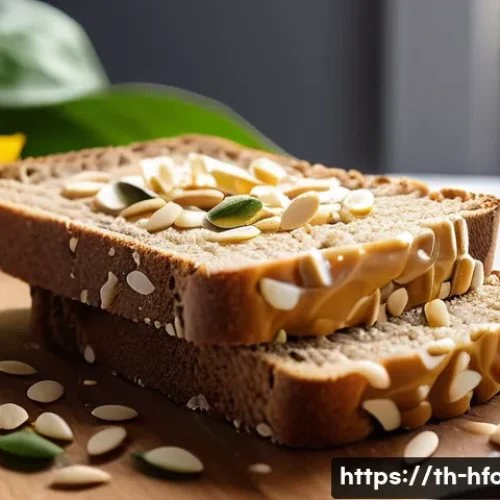 비건 버터 브랜드 비교 - A high-resolution close-up of a vegan butter spread on a slice of artisanal whole wheat bread, highl...