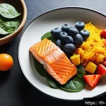뇌 건강을 돕는 식품 리스트 - A vibrant and healthy Thai kitchen scene featuring a colorful spread of brain-boosting foods: grille...