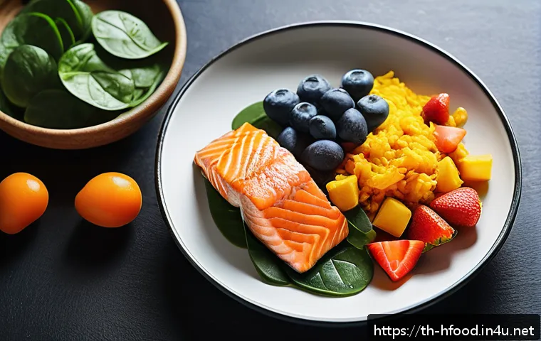 뇌 건강을 돕는 식품 리스트 - A vibrant and healthy Thai kitchen scene featuring a colorful spread of brain-boosting foods: grille...