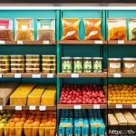 글루텐 프리 스낵 브랜드 추천 - A vibrant, modern Thai gluten-free snack market scene featuring a variety of colorful packaged snack...