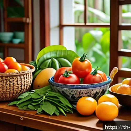 가공식품 없이 만드는 건강 식단 - A vibrant Thai kitchen scene featuring a variety of fresh seasonal fruits and vegetables neatly arra...
