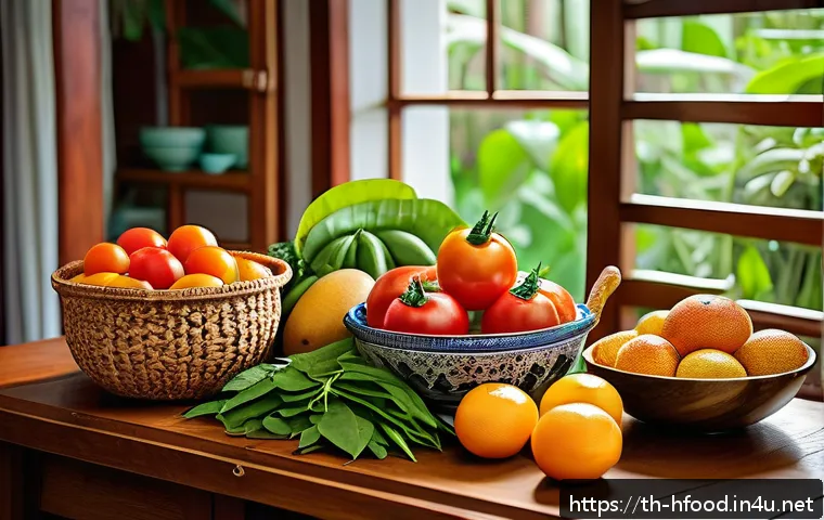 가공식품 없이 만드는 건강 식단 - A vibrant Thai kitchen scene featuring a variety of fresh seasonal fruits and vegetables neatly arra...