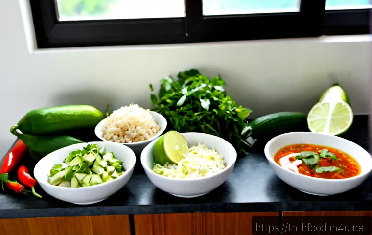 저염 식단을 위한 소스 추천 - Photorealistic Thai low-sodium meal preparation on a bright home kitchen counter, small clear bowls ...