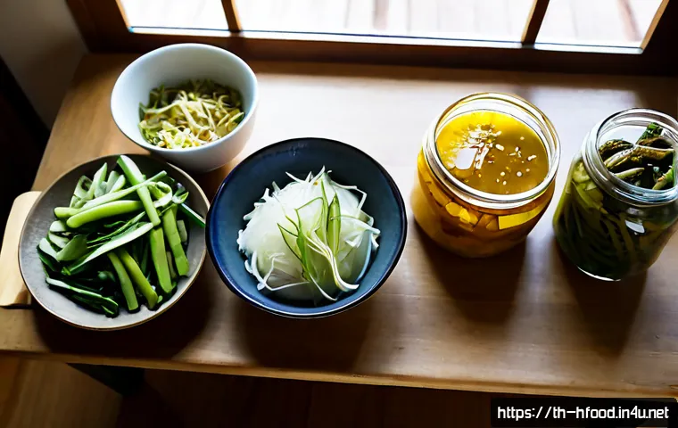 유산균이 풍부한 채소 리스트 - Photorealistic overhead still life of Thai fermented vegetables rich in probiotics, including pickle...